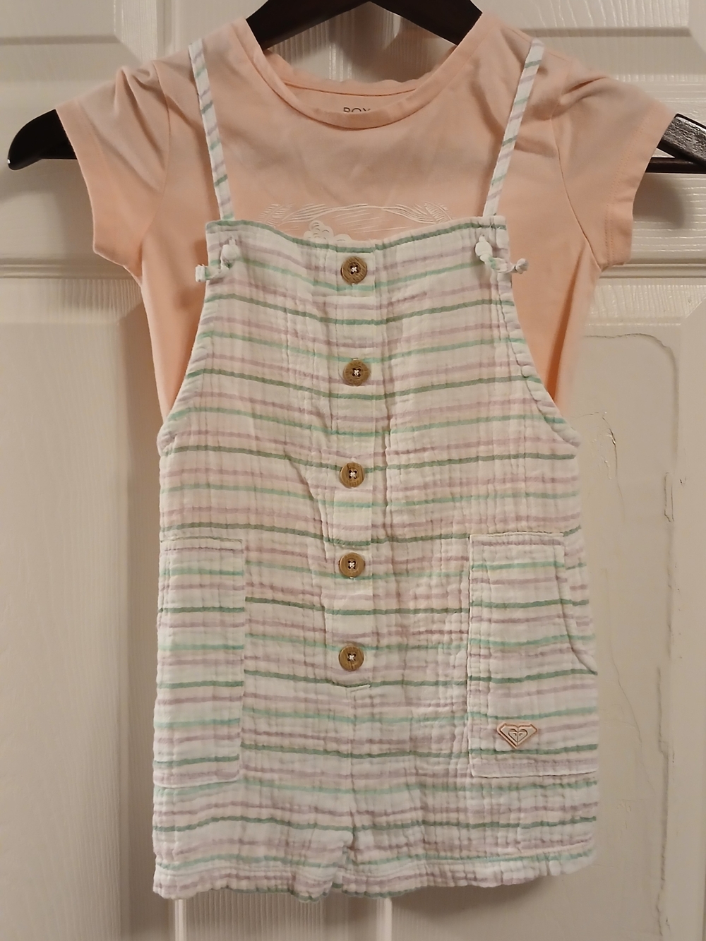 Roxy Girls Peach Tee with Pastel-Striped Romper